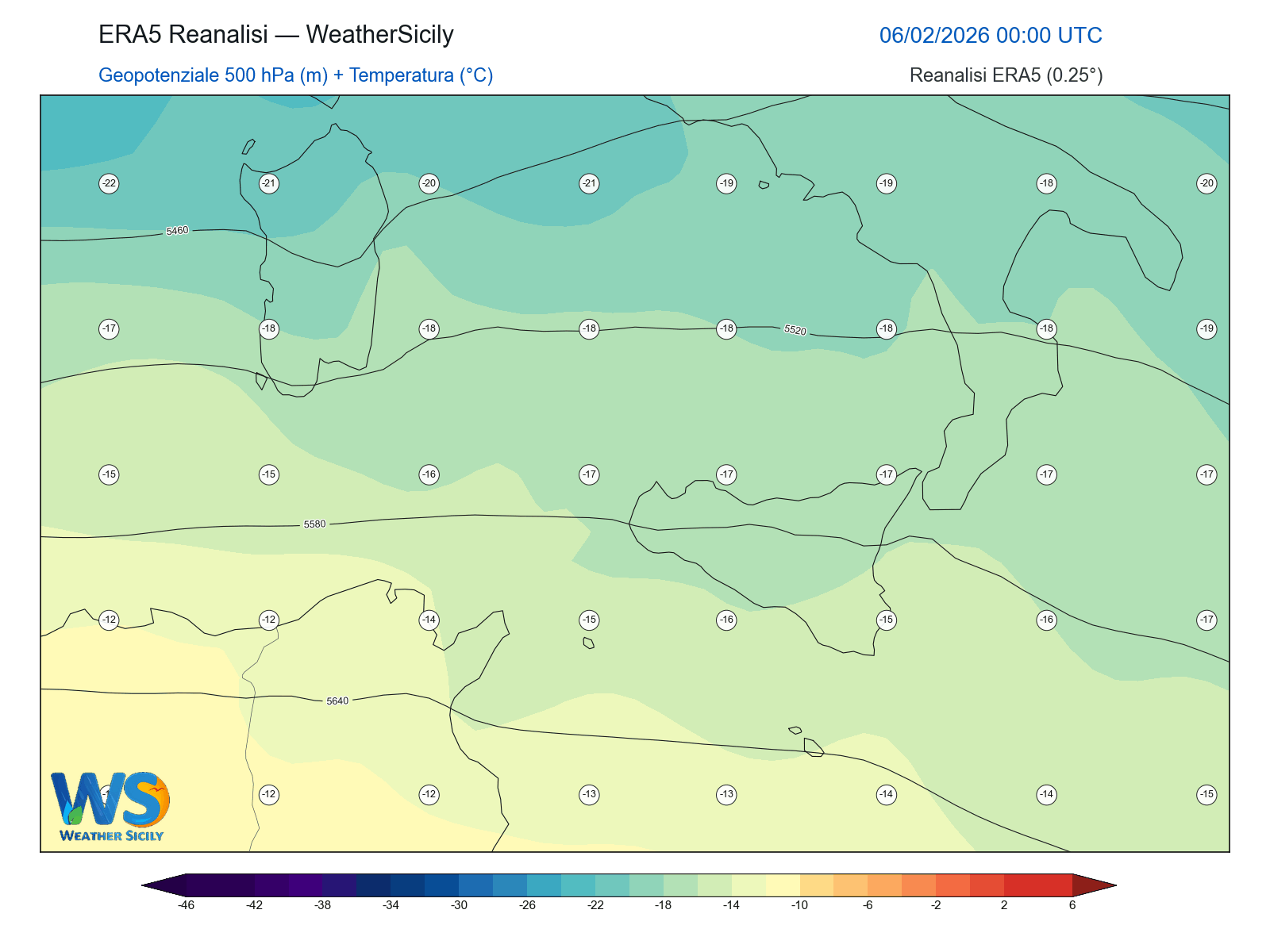 Geopotenziale 500 hPa + Temperatura · 2026020600