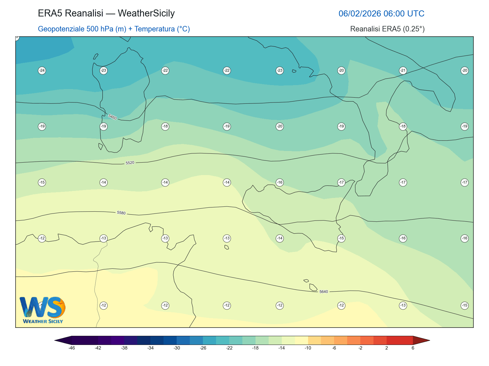 Geopotenziale 500 hPa + Temperatura · 2026020606