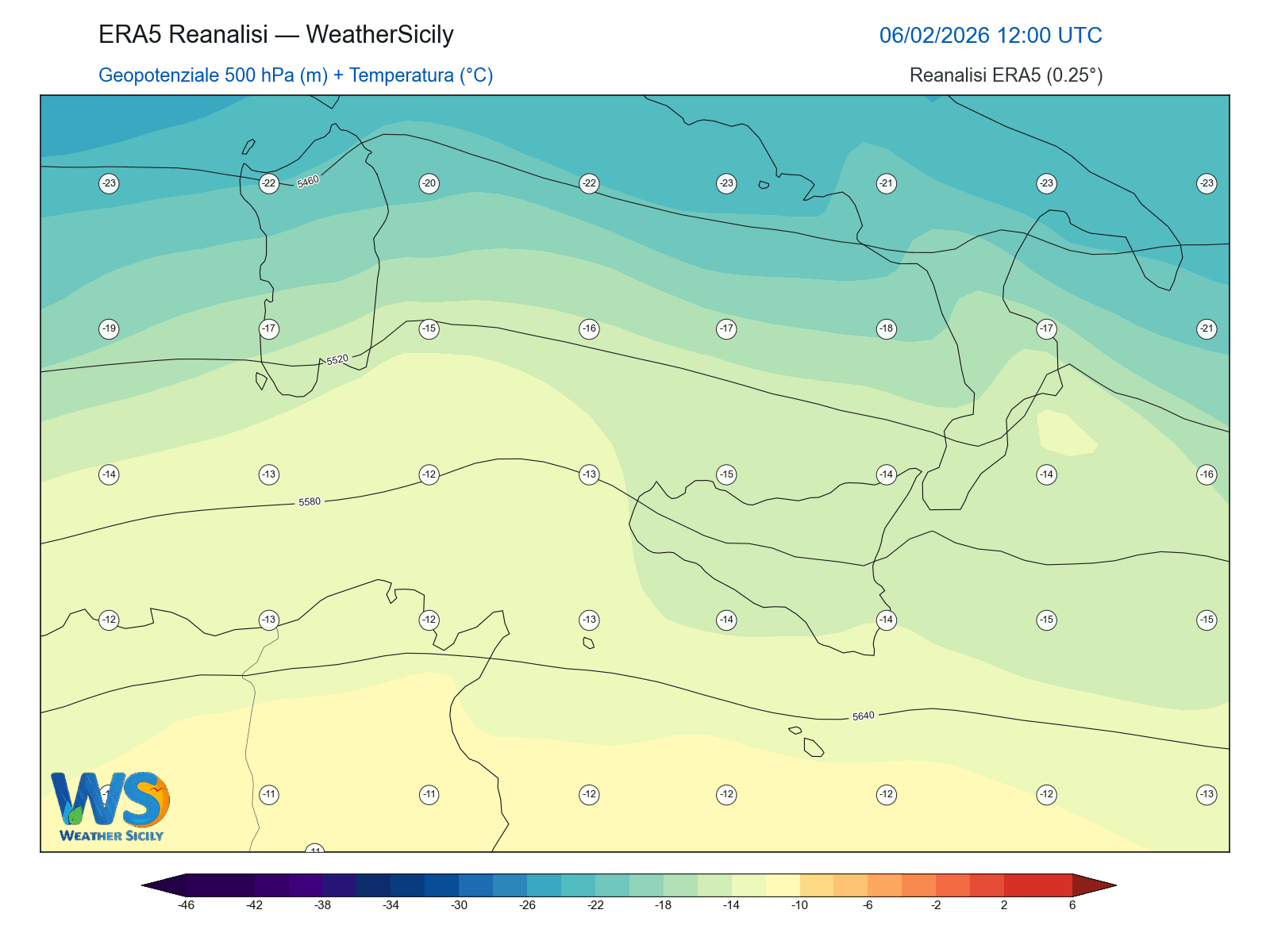 Geopotenziale 500 hPa + Temperatura · 2026020612