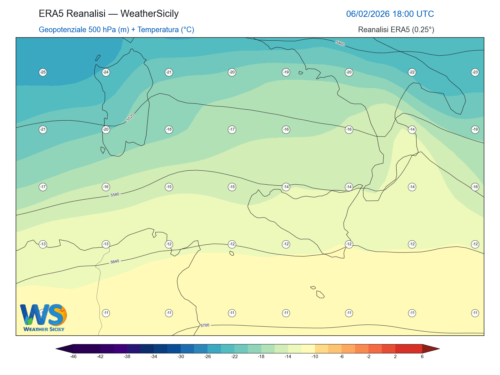 Geopotenziale 500 hPa + Temperatura · 2026020618