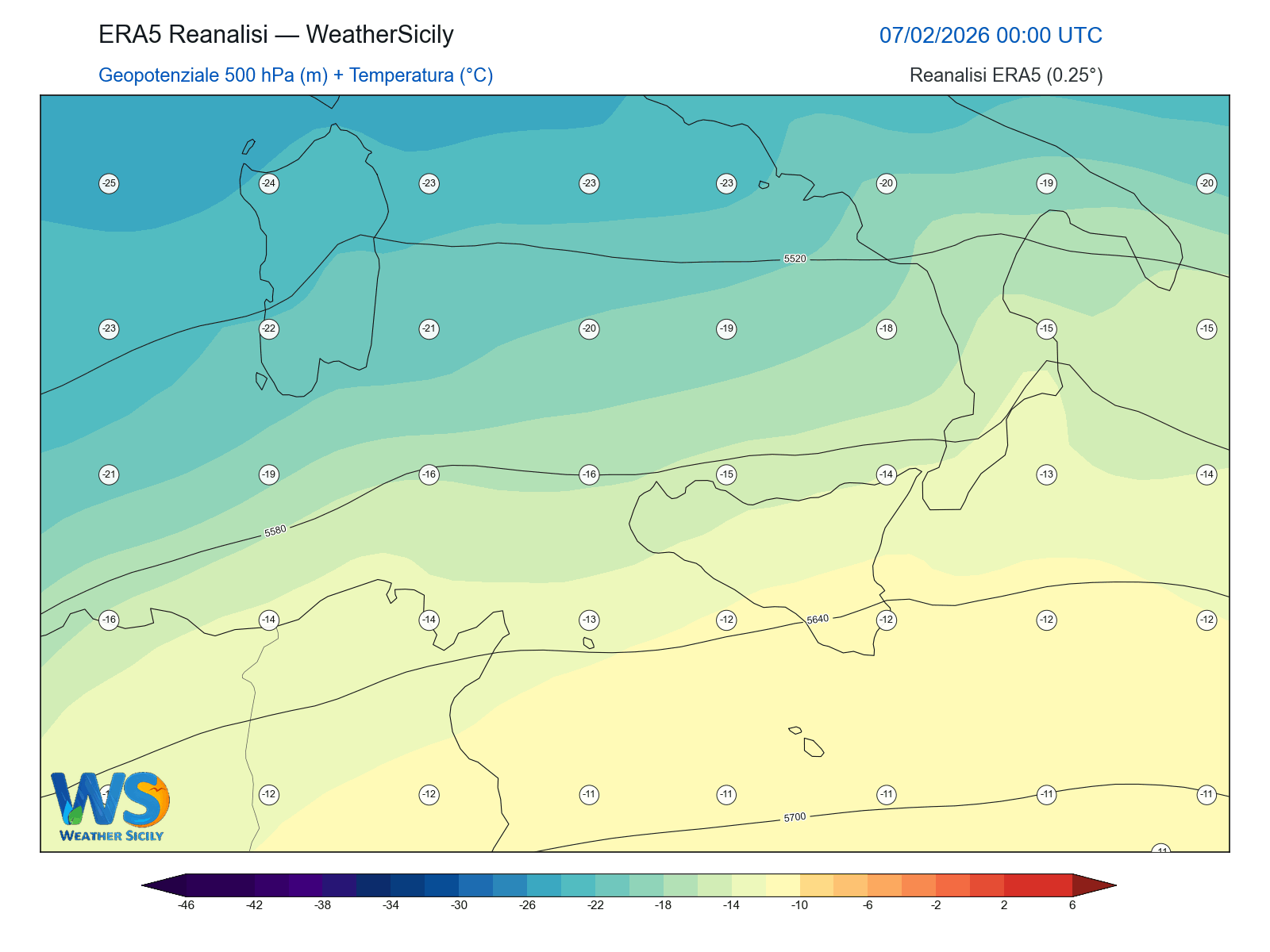 Geopotenziale 500 hPa + Temperatura · 2026020700