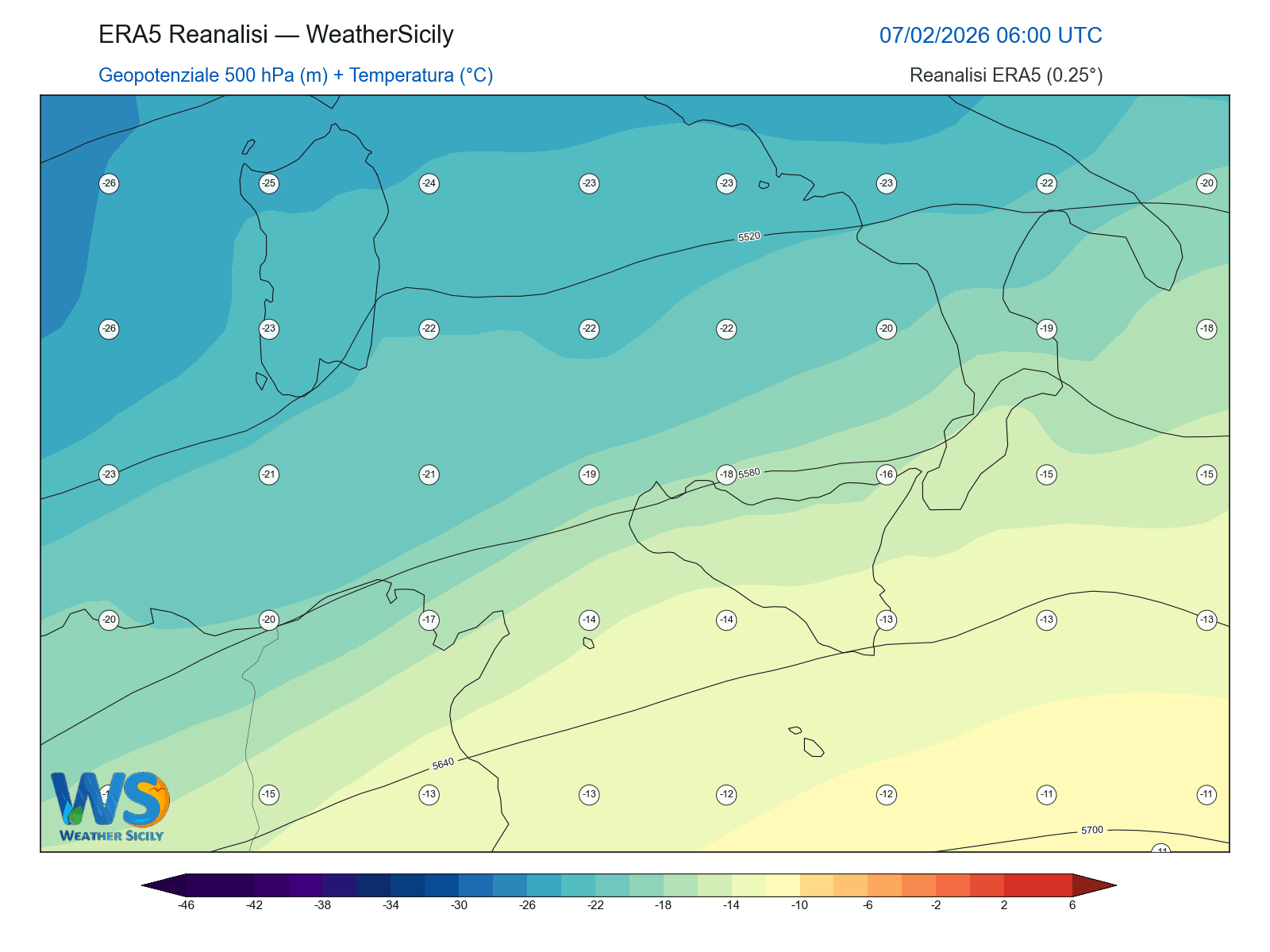 Geopotenziale 500 hPa + Temperatura · 2026020706