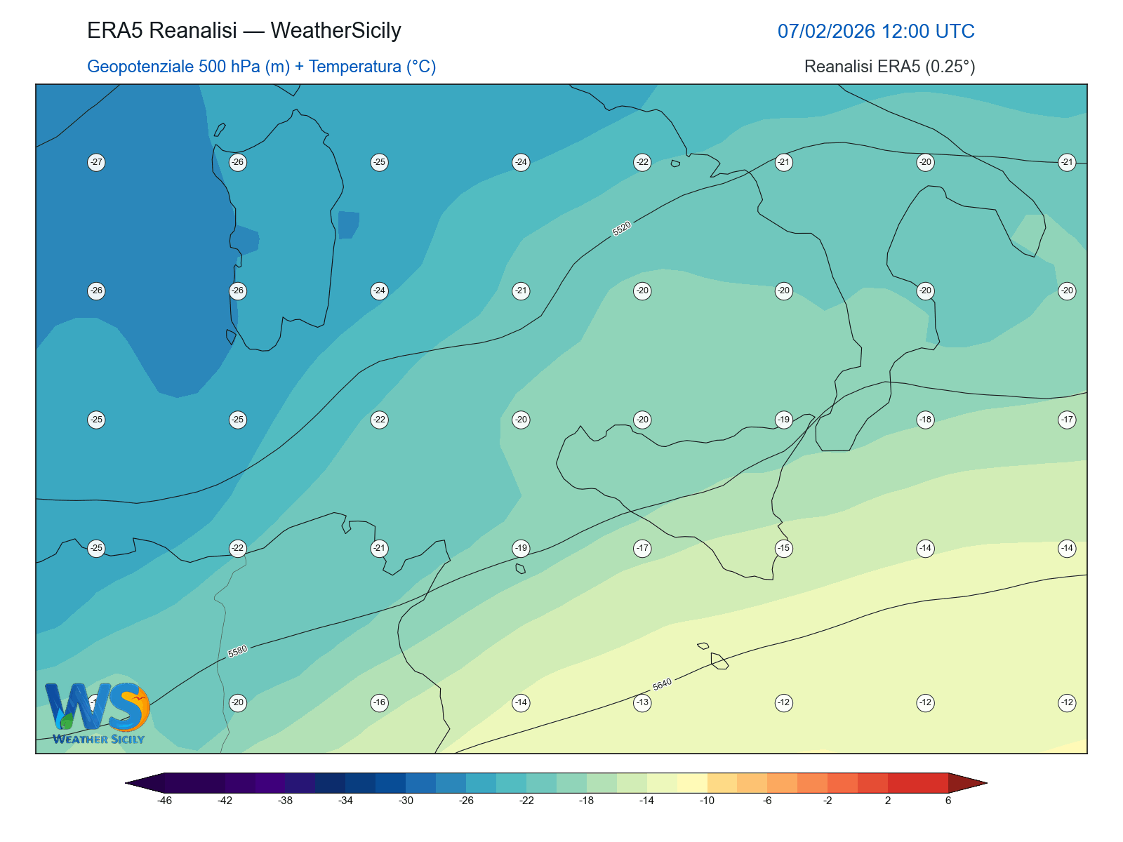 Geopotenziale 500 hPa + Temperatura · 2026020712