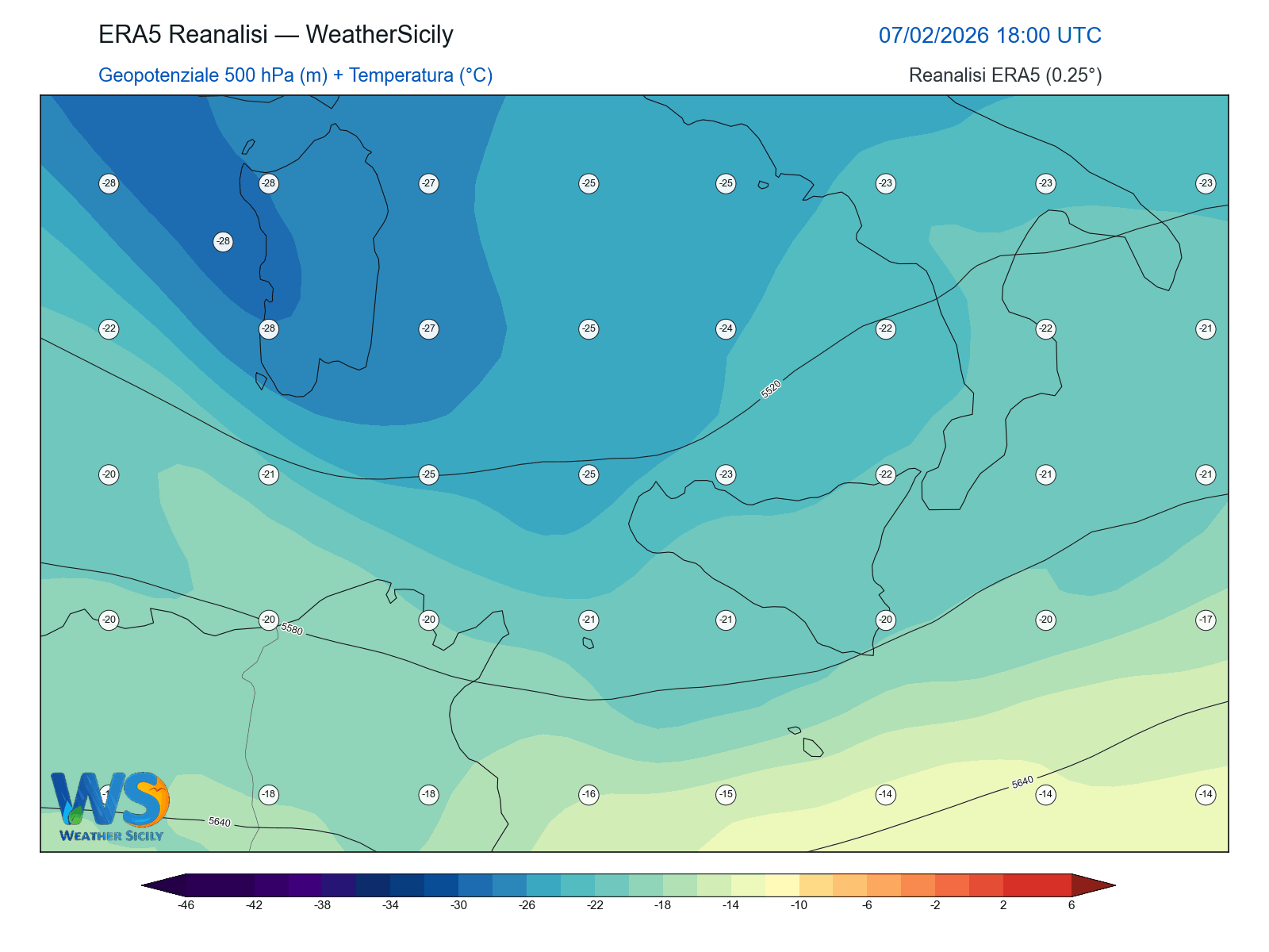Geopotenziale 500 hPa + Temperatura · 2026020718