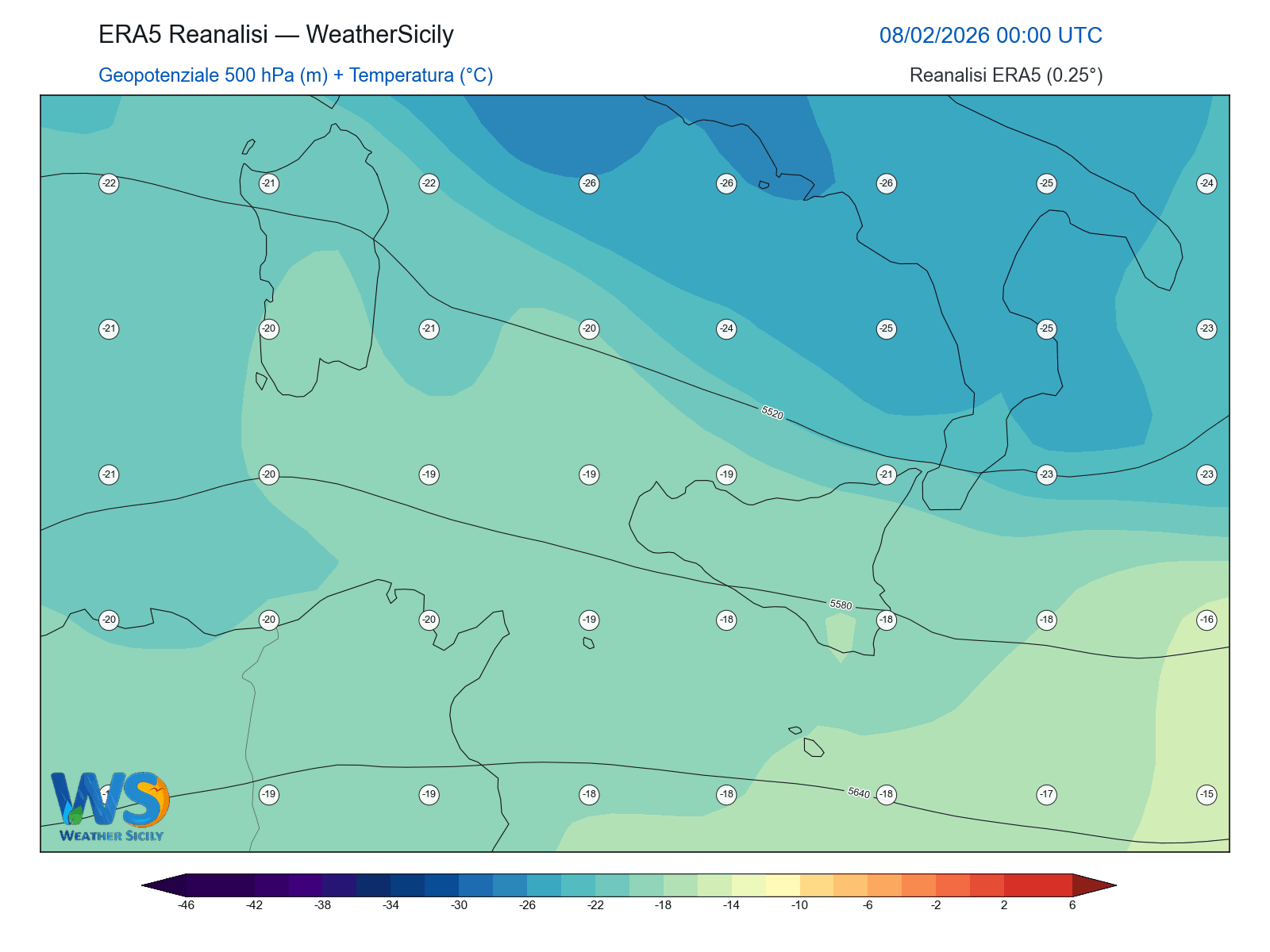 Geopotenziale 500 hPa + Temperatura · 2026020800