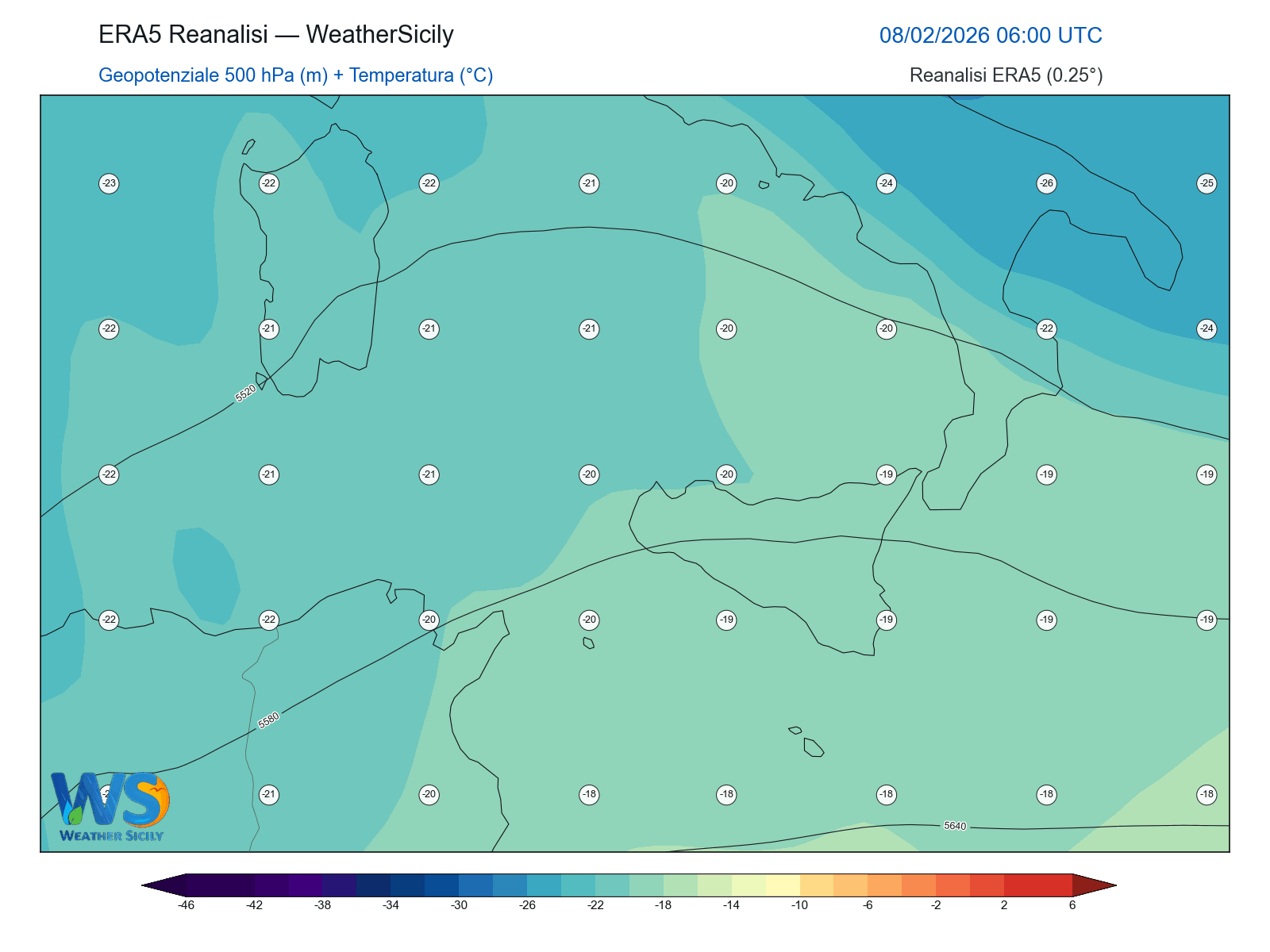 Geopotenziale 500 hPa + Temperatura · 2026020806