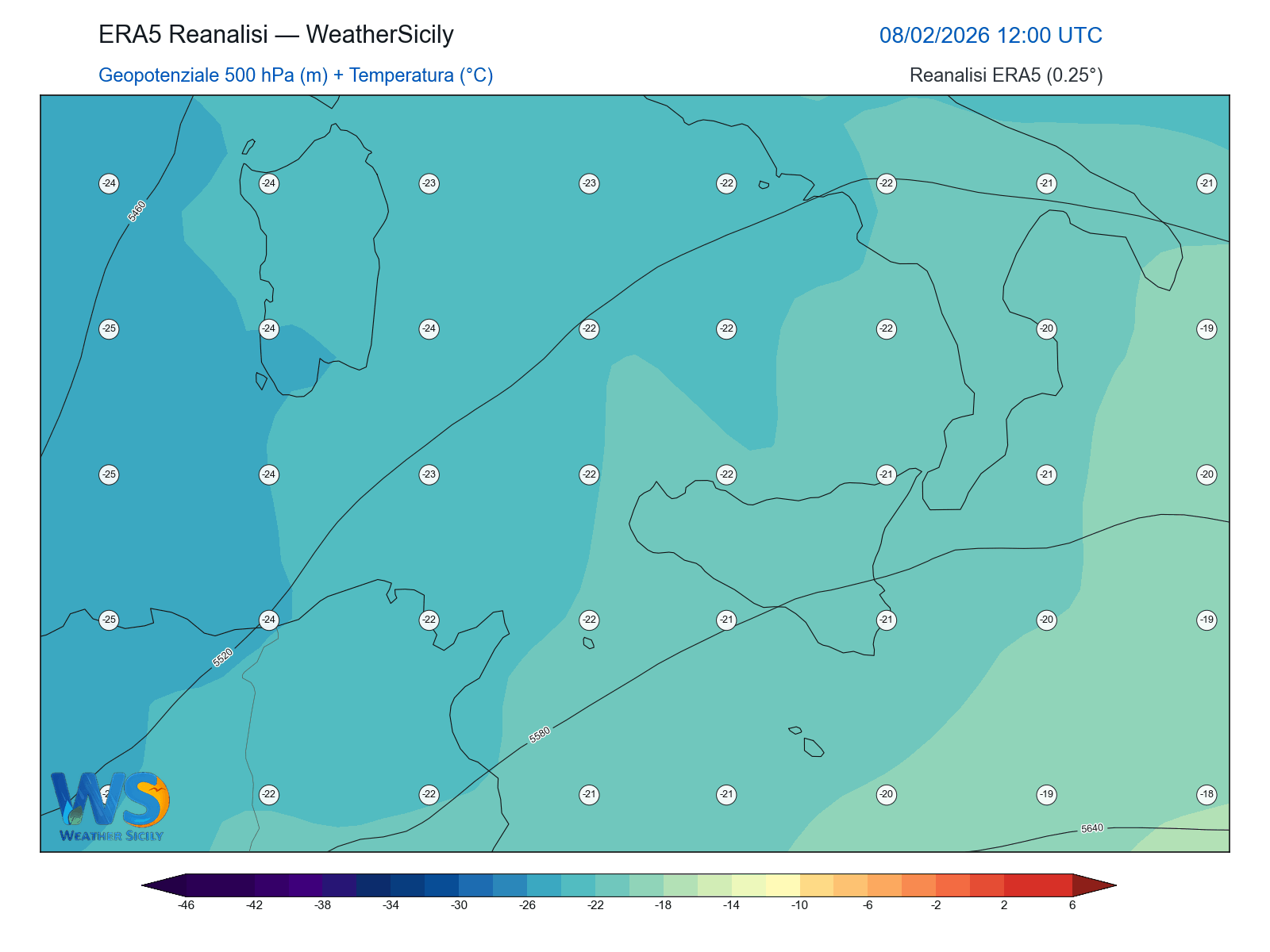 Geopotenziale 500 hPa + Temperatura · 2026020812