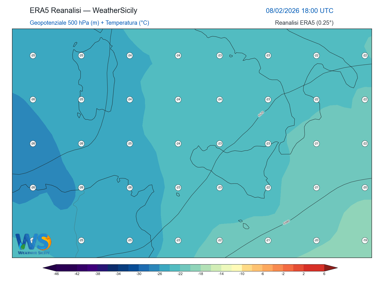 Geopotenziale 500 hPa + Temperatura · 2026020818