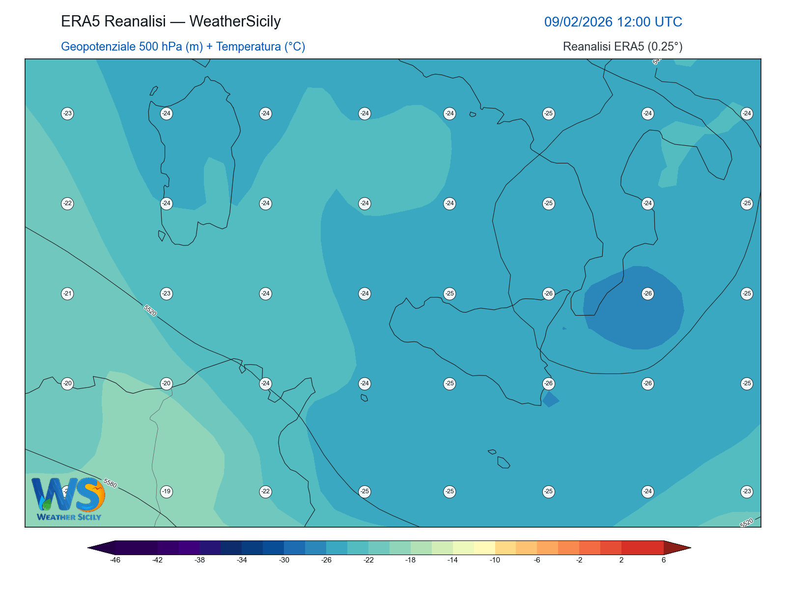 Geopotenziale 500 hPa + Temperatura · 2026020912