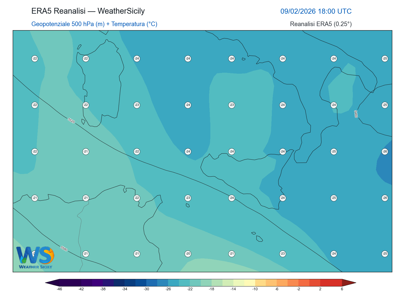 Geopotenziale 500 hPa + Temperatura · 2026020918