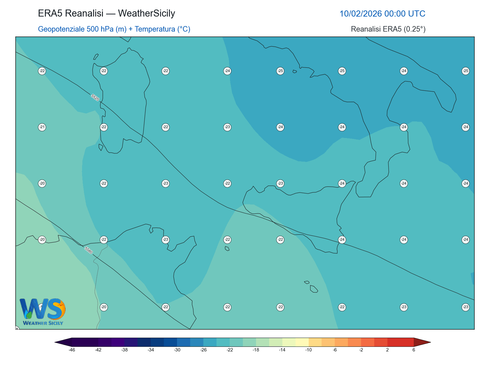 Geopotenziale 500 hPa + Temperatura · 2026021000