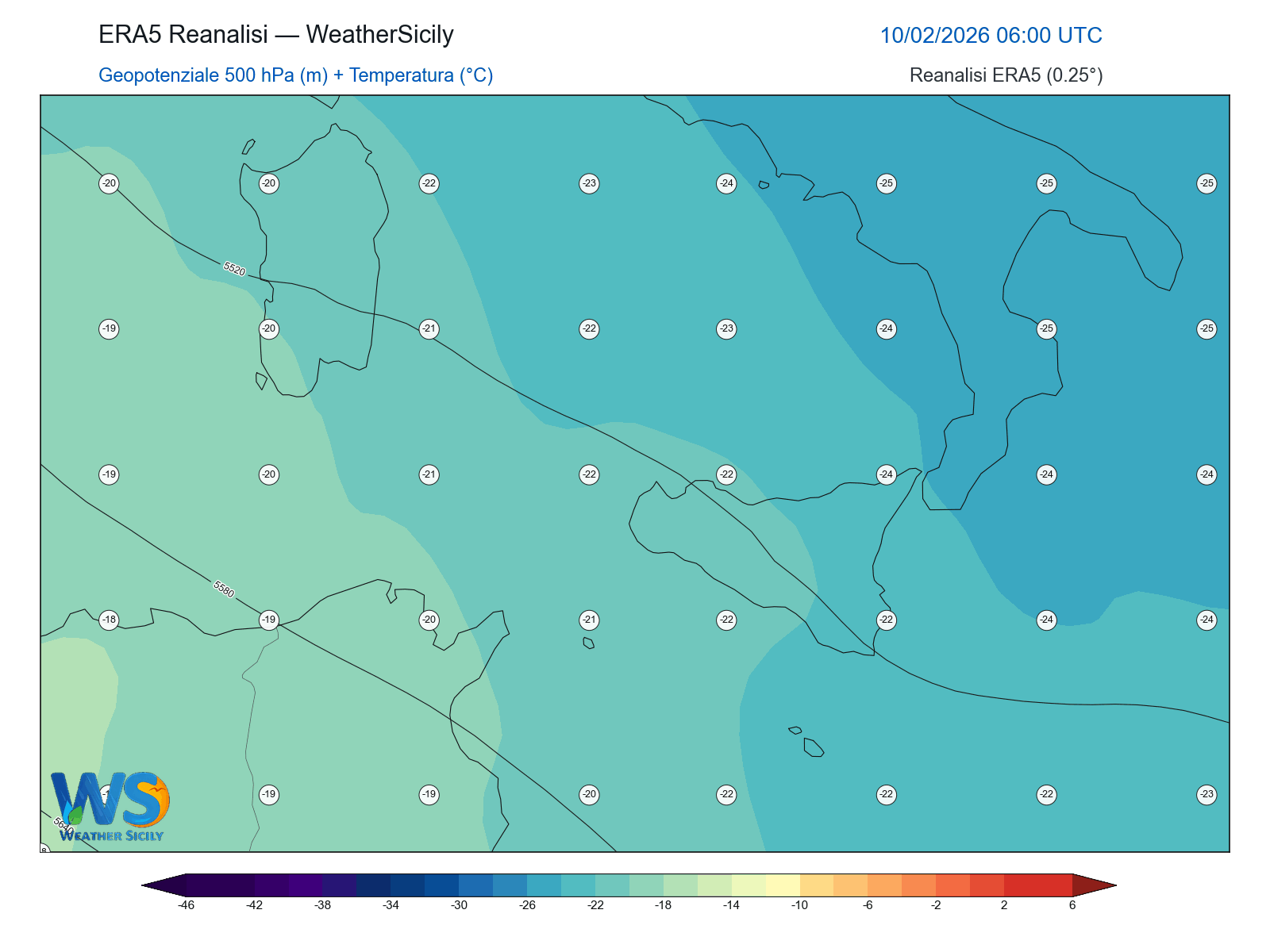 Geopotenziale 500 hPa + Temperatura · 2026021006
