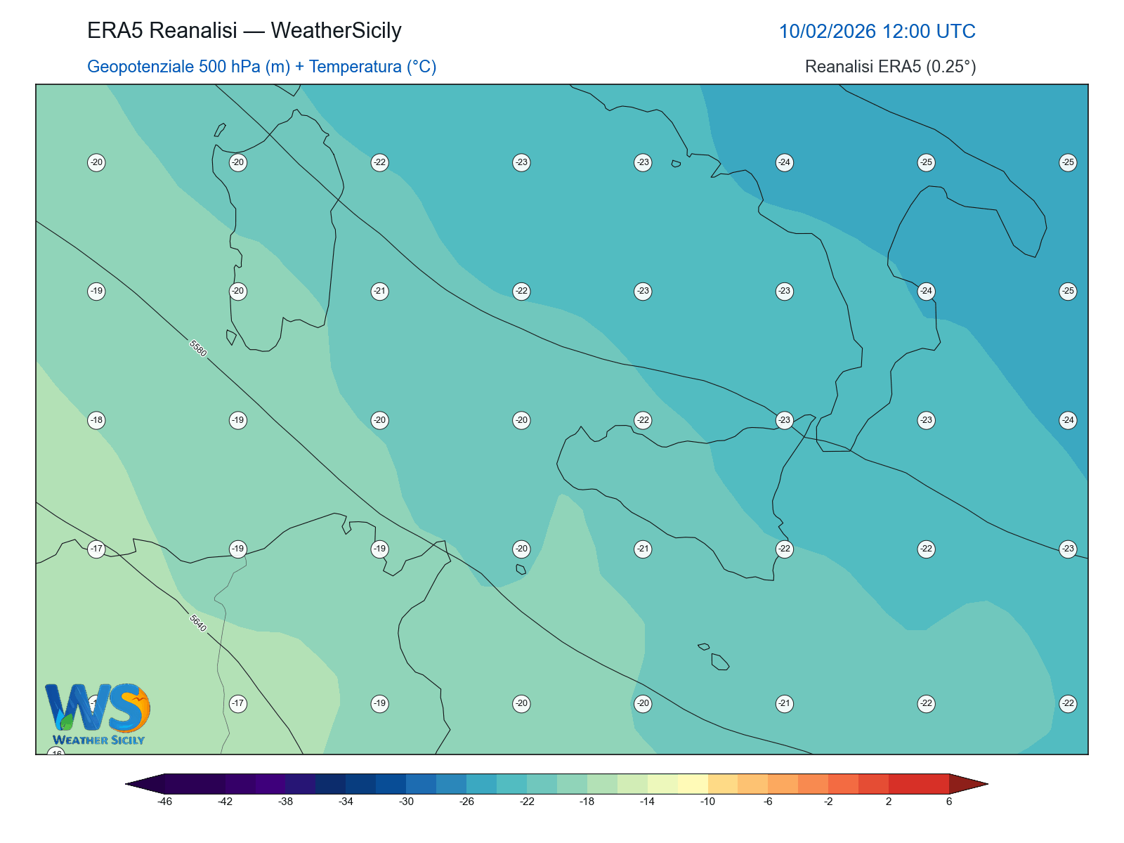 Geopotenziale 500 hPa + Temperatura · 2026021012