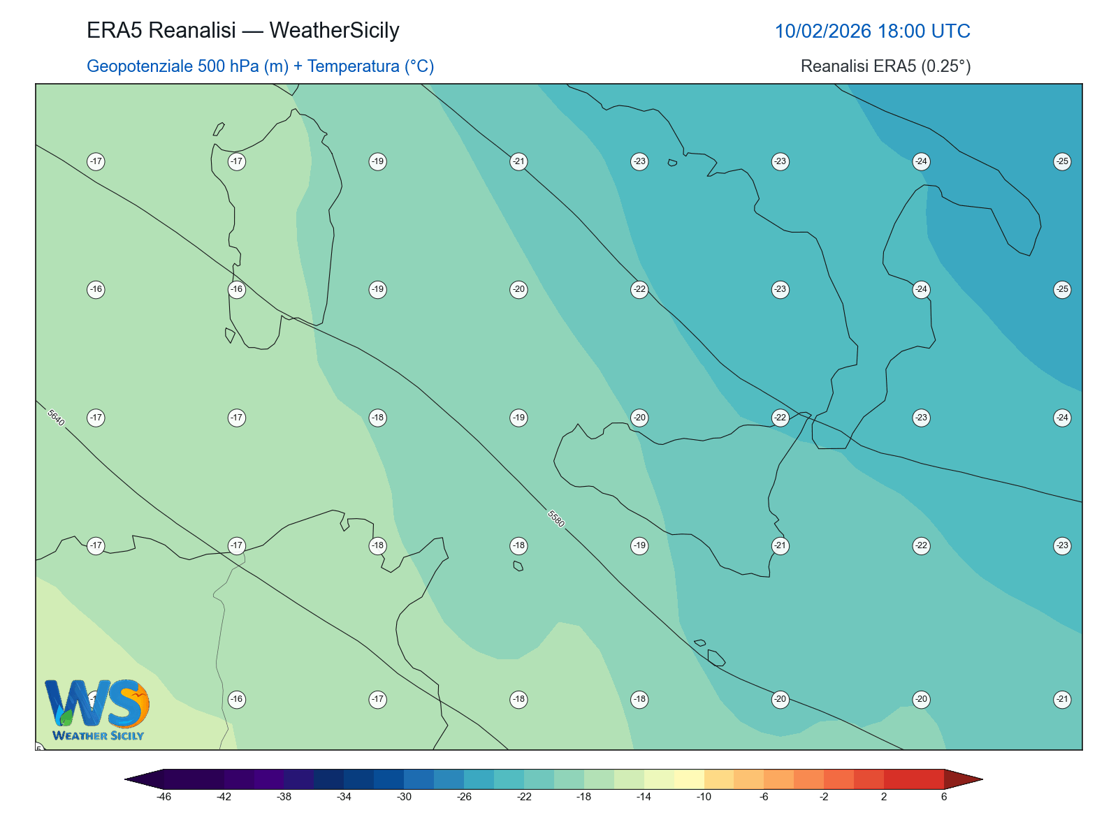 Geopotenziale 500 hPa + Temperatura · 2026021018
