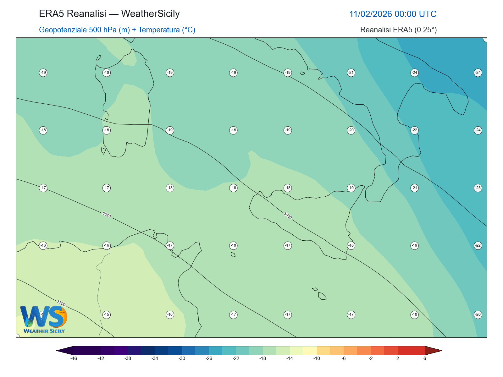 Geopotenziale 500 hPa + Temperatura · 2026021100