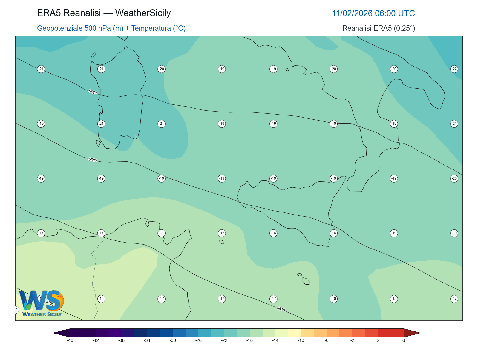 Geopotenziale 500 hPa + Temperatura · 2026021106