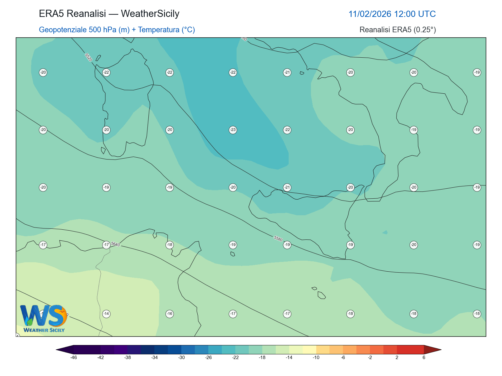 Geopotenziale 500 hPa + Temperatura · 2026021112