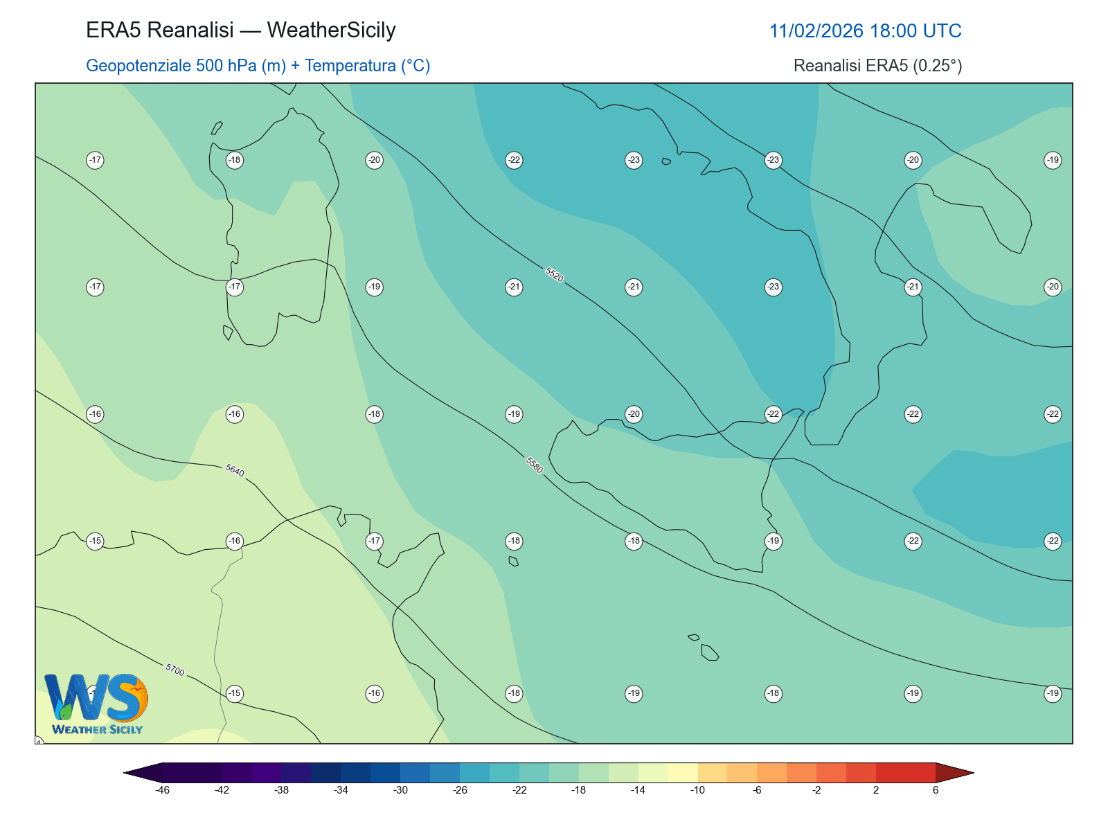 Geopotenziale 500 hPa + Temperatura · 2026021118