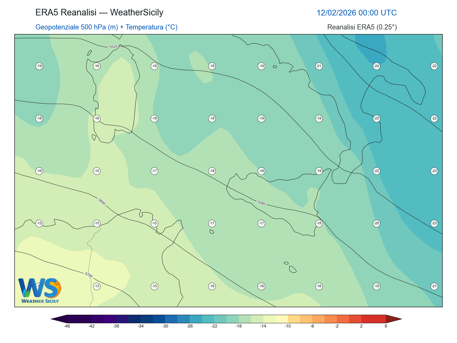 Geopotenziale 500 hPa + Temperatura · 2026021200