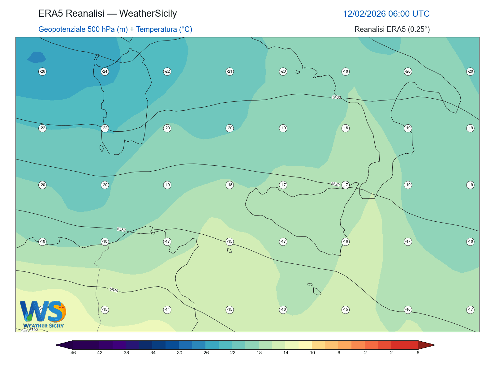 Geopotenziale 500 hPa + Temperatura · 2026021206