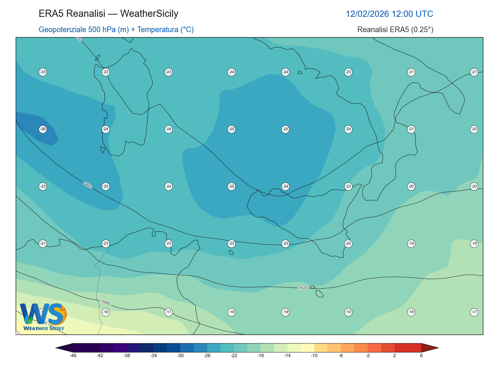 Geopotenziale 500 hPa + Temperatura · 2026021212