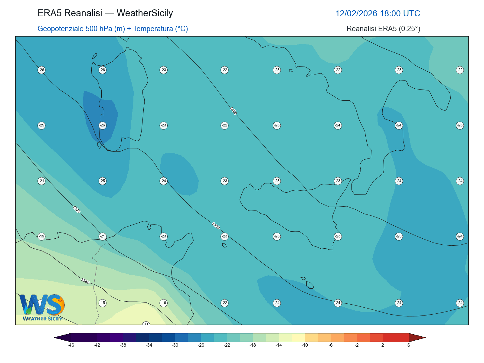 Geopotenziale 500 hPa + Temperatura · 2026021218