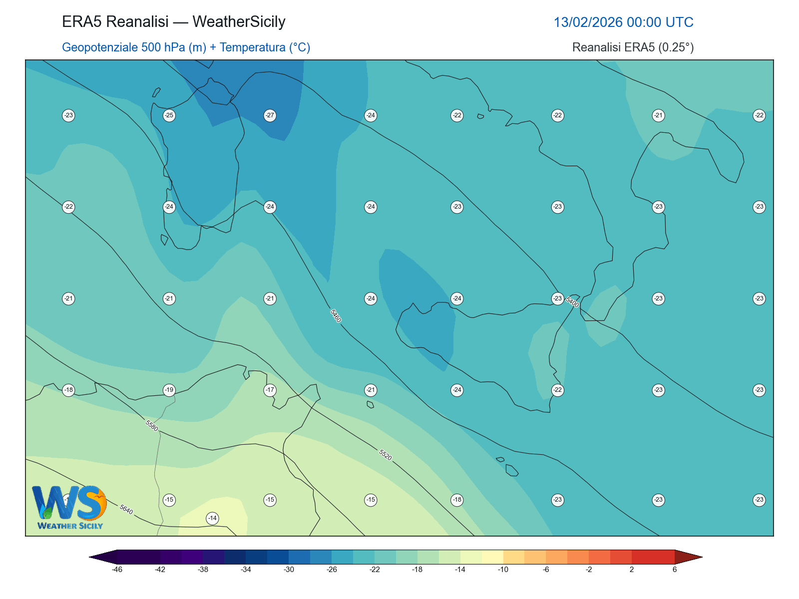 Geopotenziale 500 hPa + Temperatura · 2026021300