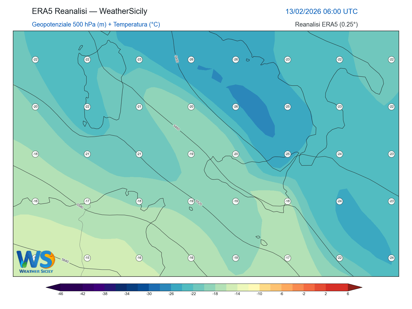 Geopotenziale 500 hPa + Temperatura · 2026021306