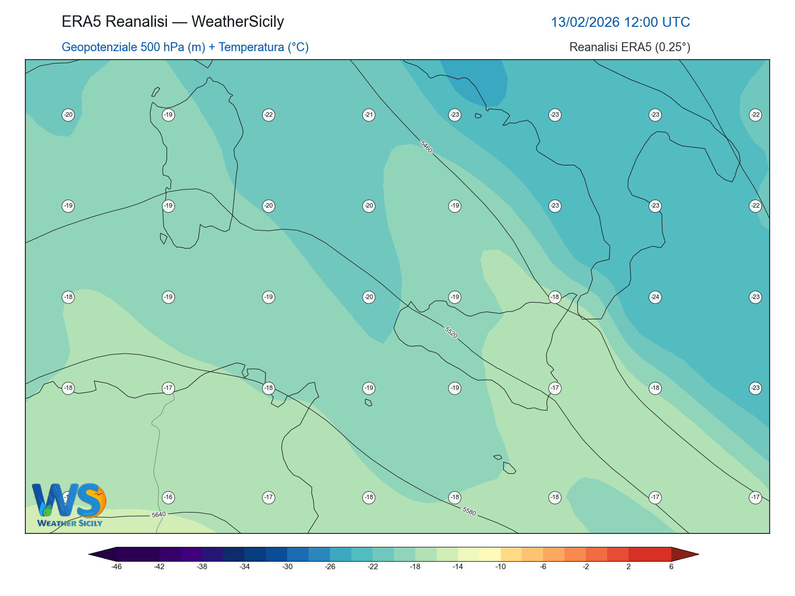 Geopotenziale 500 hPa + Temperatura · 2026021312
