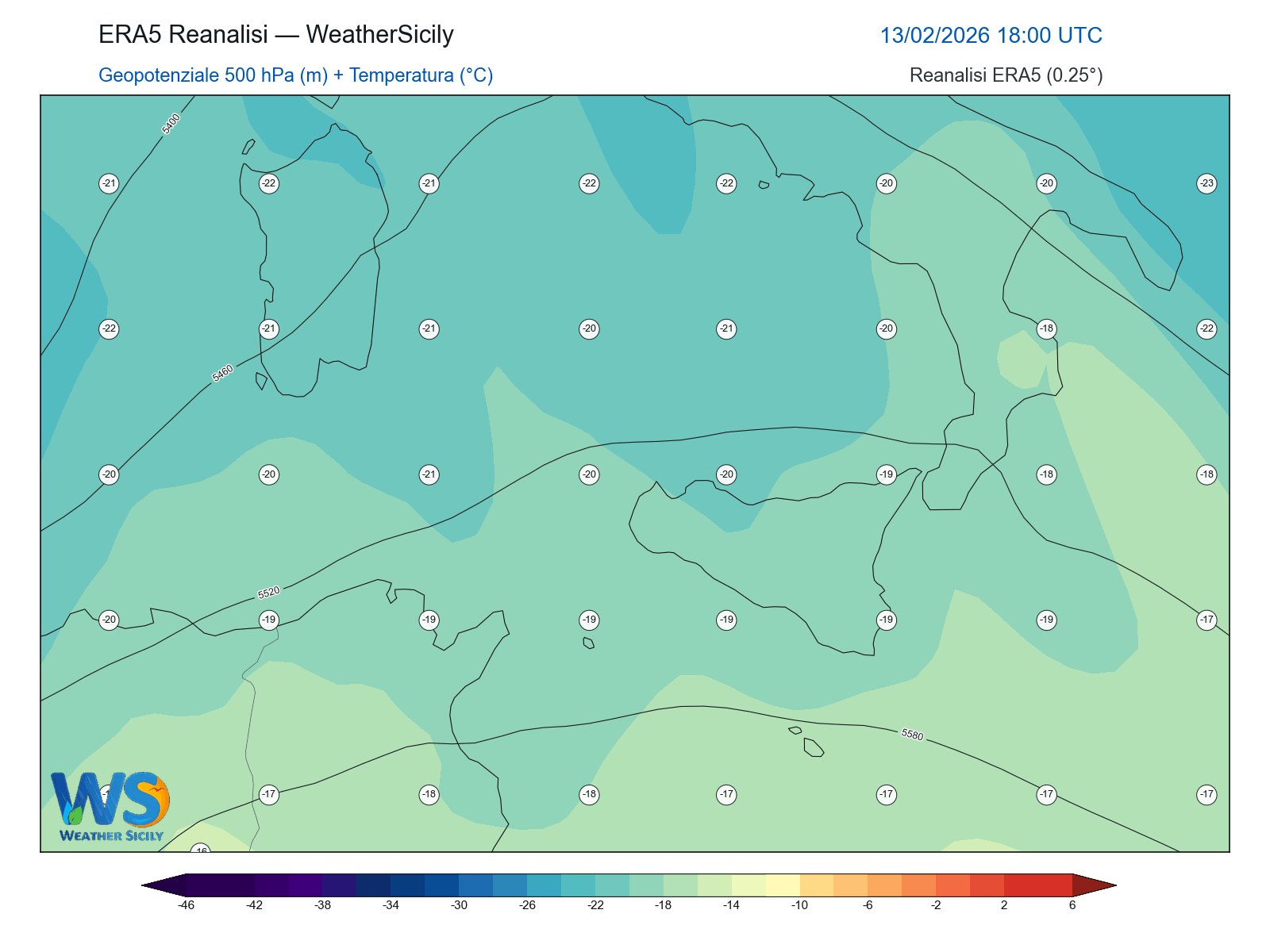 Geopotenziale 500 hPa + Temperatura · 2026021318