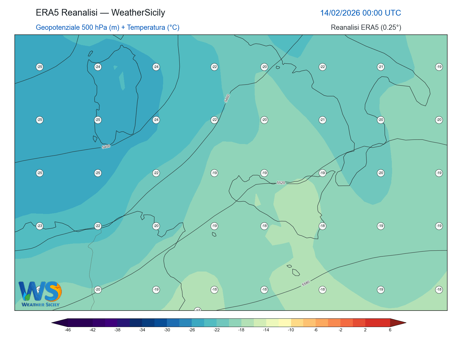 Geopotenziale 500 hPa + Temperatura · 2026021400