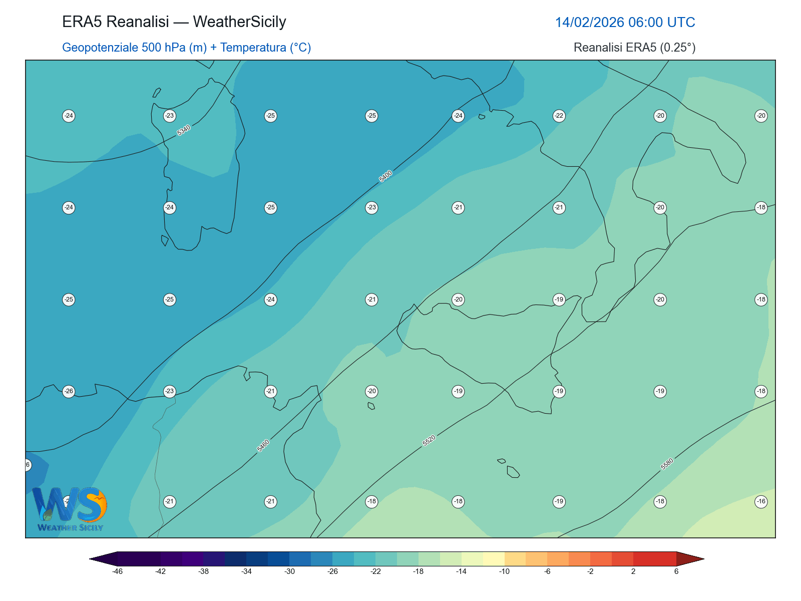 Geopotenziale 500 hPa + Temperatura · 2026021406