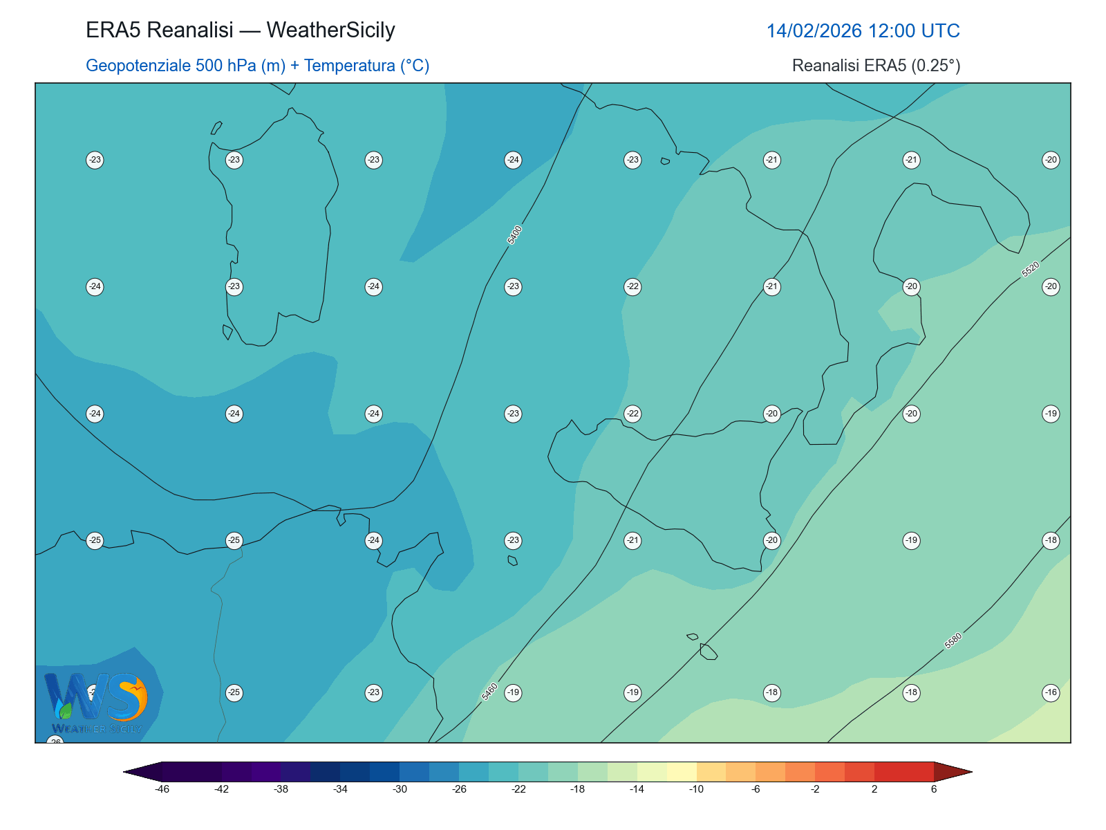 Geopotenziale 500 hPa + Temperatura · 2026021412