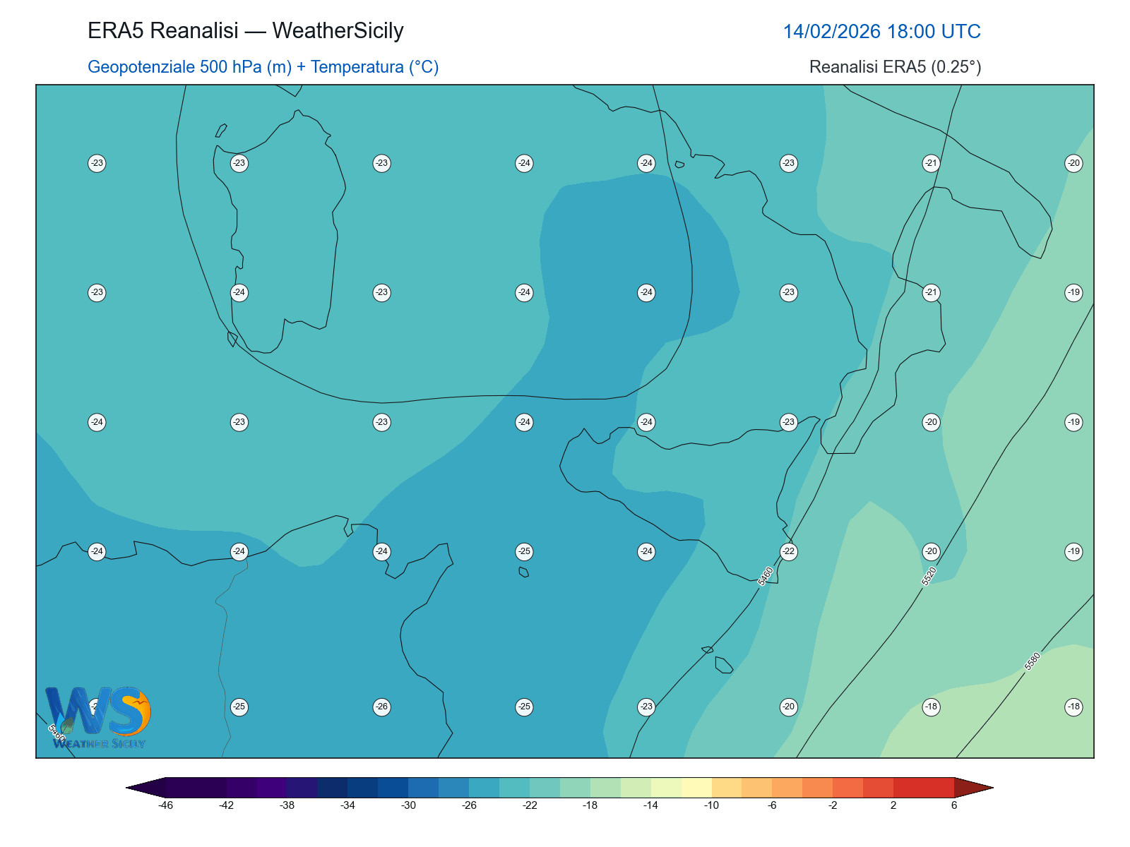 Geopotenziale 500 hPa + Temperatura · 2026021418