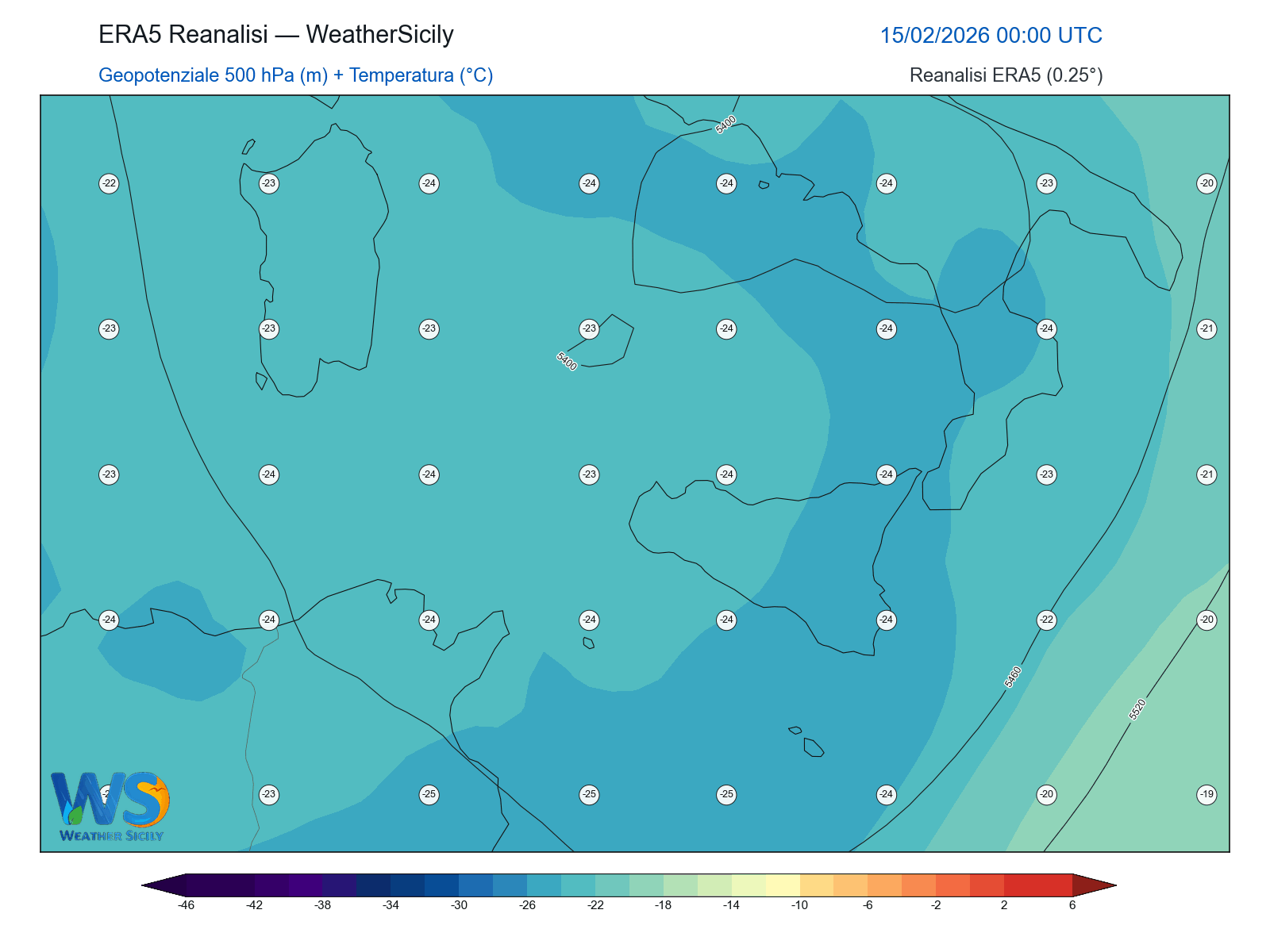 Geopotenziale 500 hPa + Temperatura · 2026021500