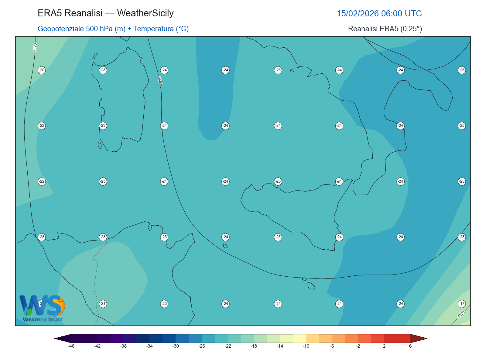 Geopotenziale 500 hPa + Temperatura · 2026021506