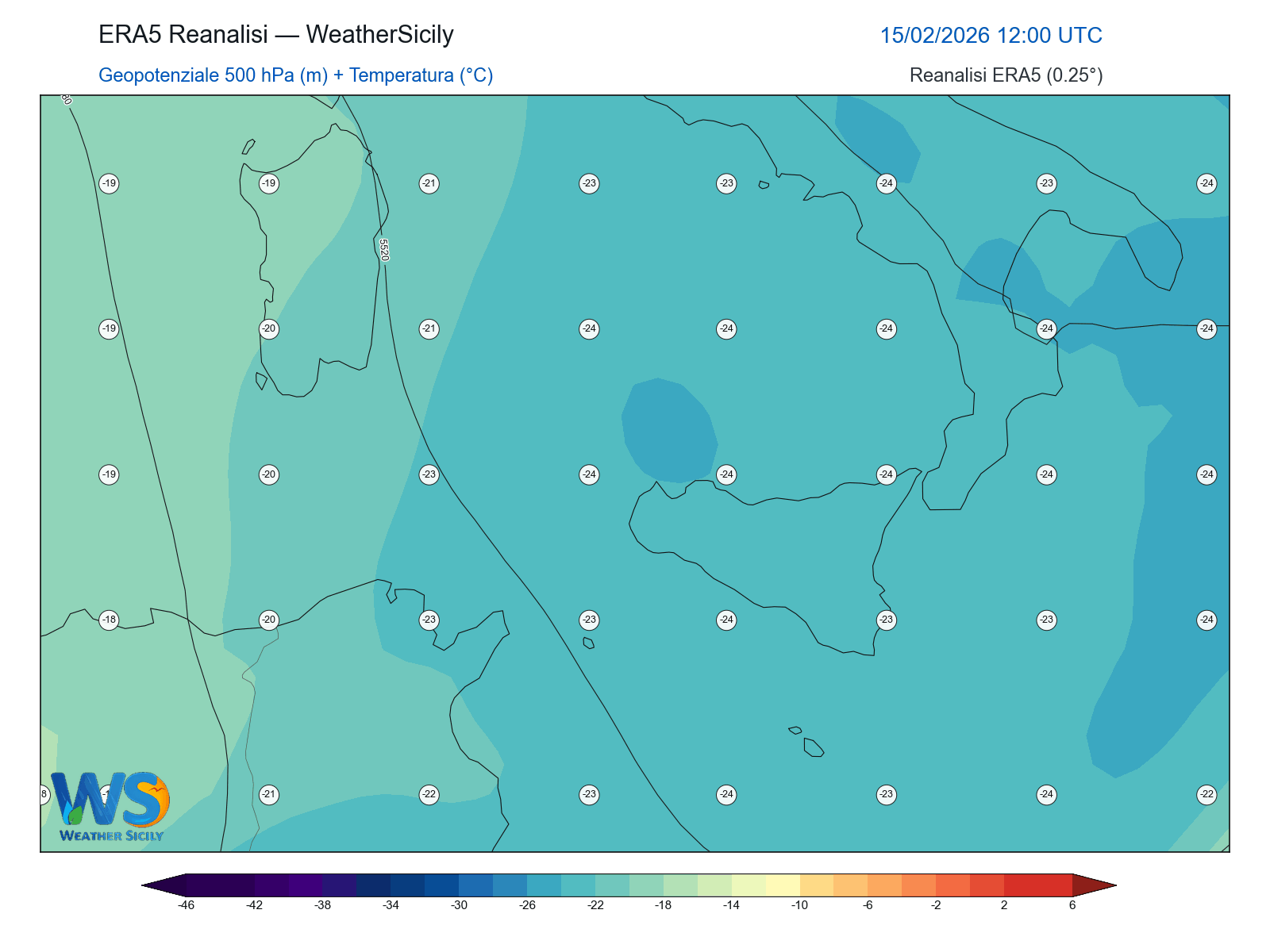Geopotenziale 500 hPa + Temperatura · 2026021512