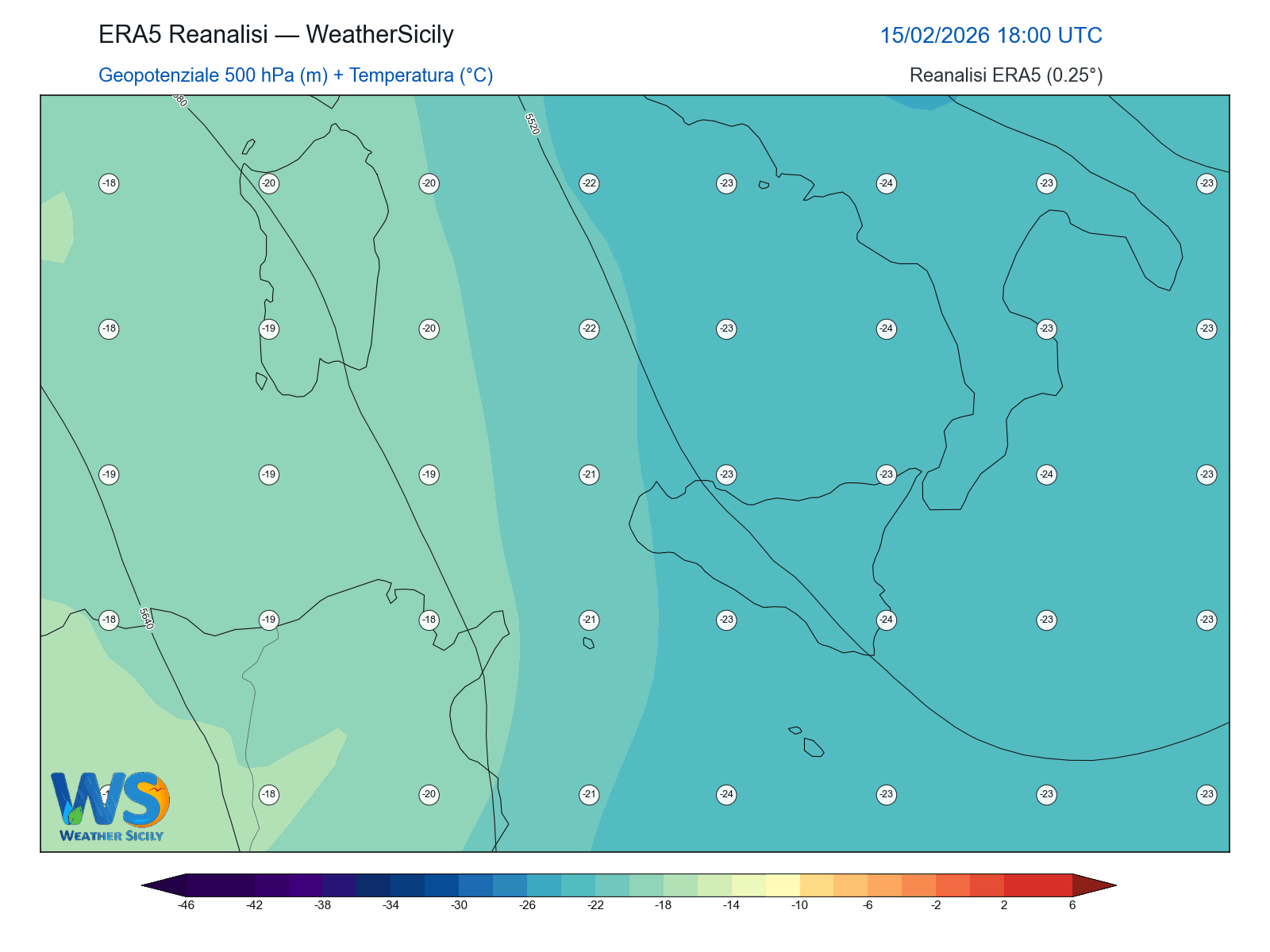 Geopotenziale 500 hPa + Temperatura · 2026021518