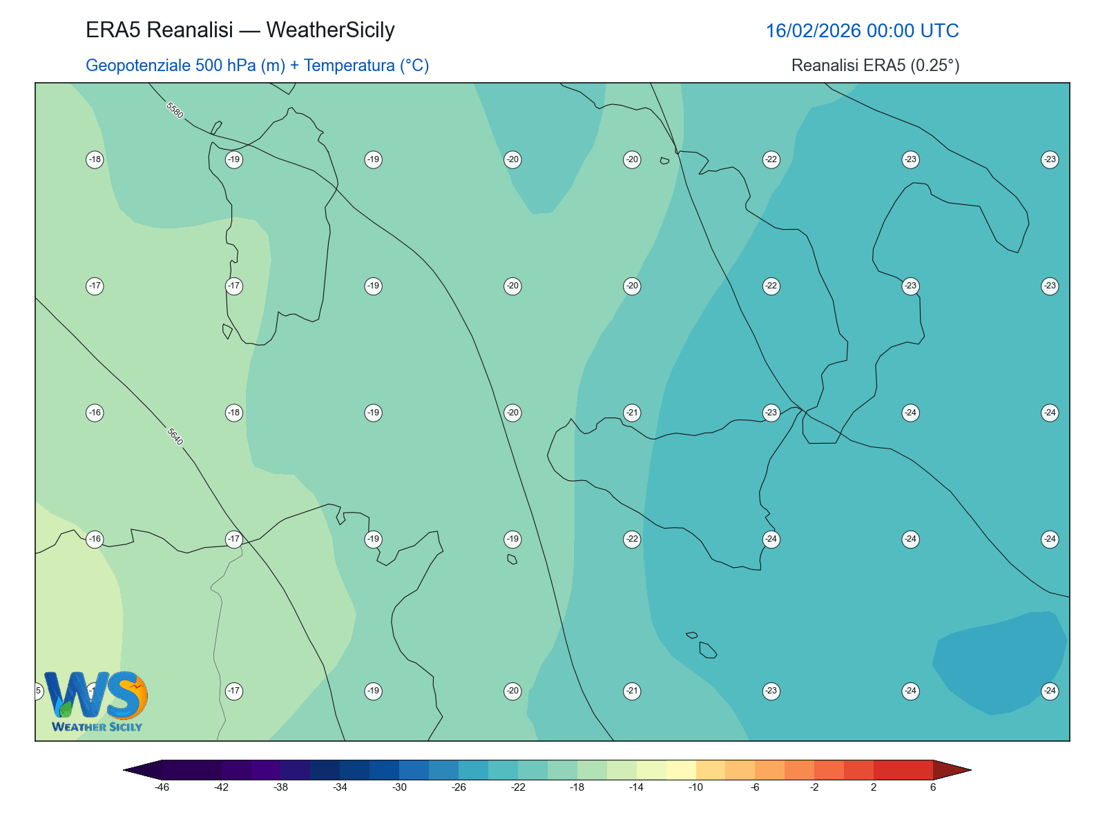 Geopotenziale 500 hPa + Temperatura · 2026021600