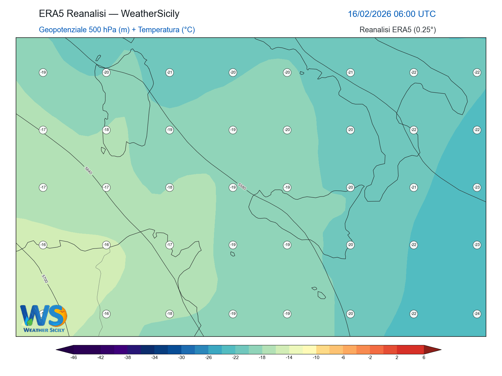 Geopotenziale 500 hPa + Temperatura · 2026021606