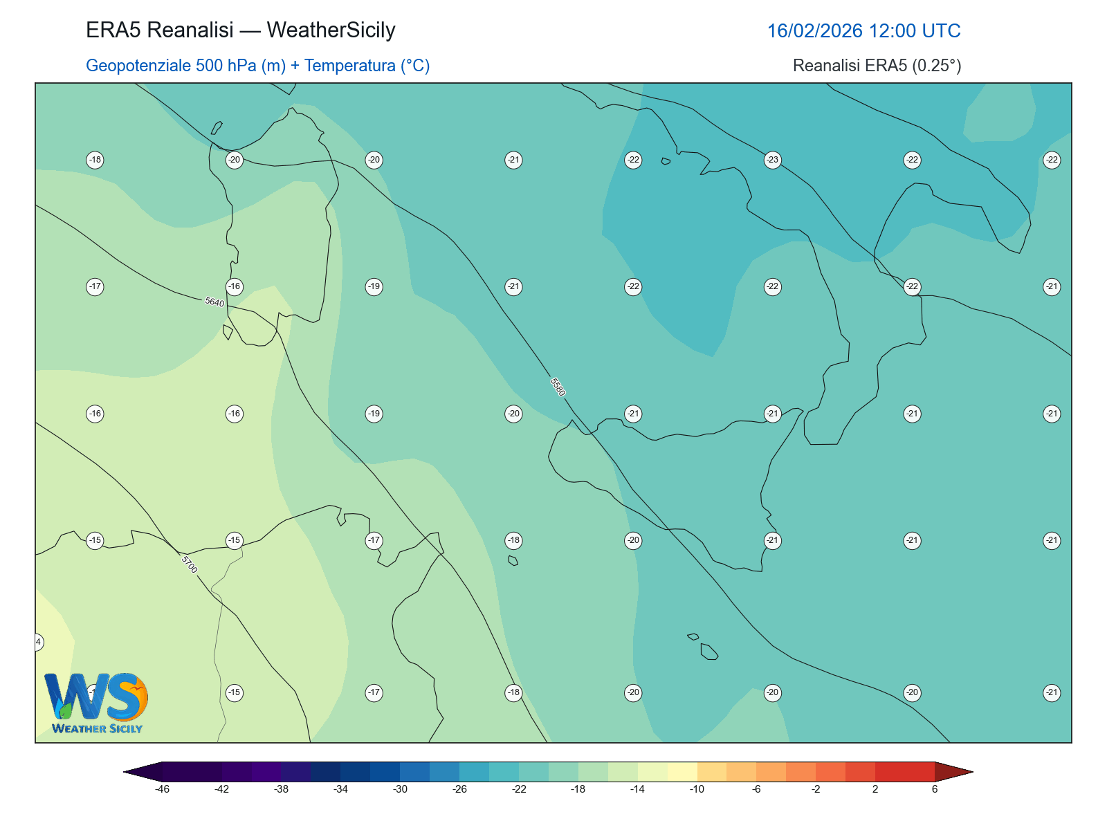 Geopotenziale 500 hPa + Temperatura · 2026021612