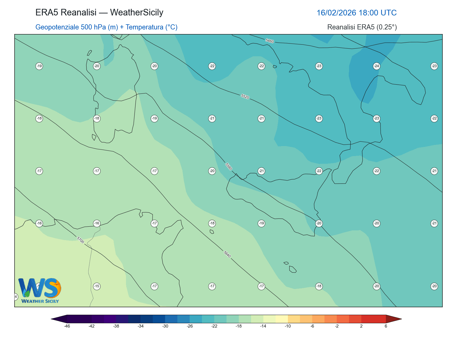 Geopotenziale 500 hPa + Temperatura · 2026021618