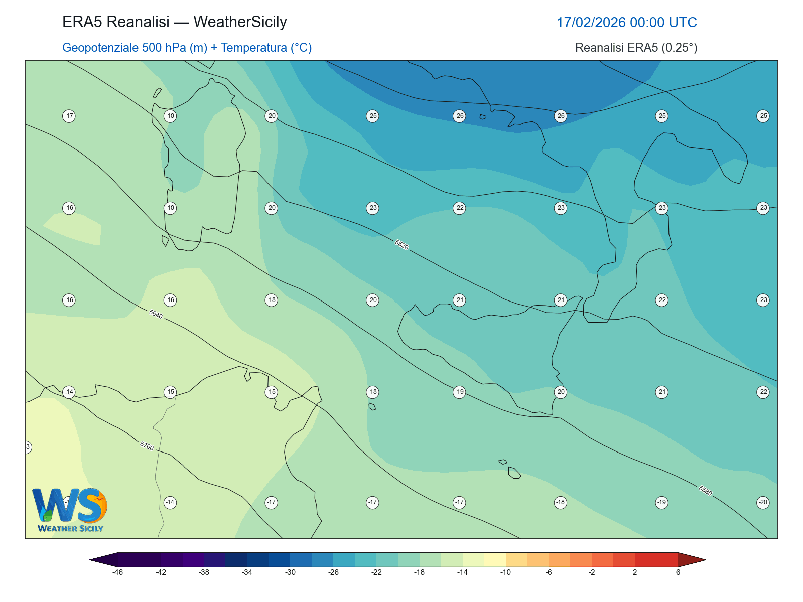 Geopotenziale 500 hPa + Temperatura · 2026021700