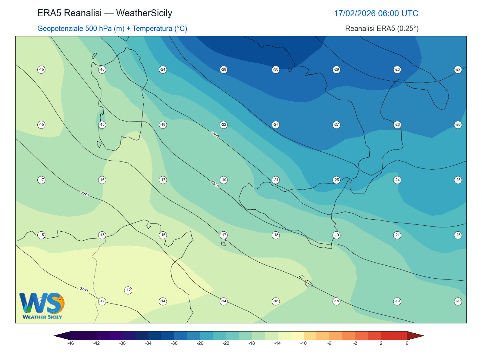 Geopotenziale 500 hPa + Temperatura · 2026021706