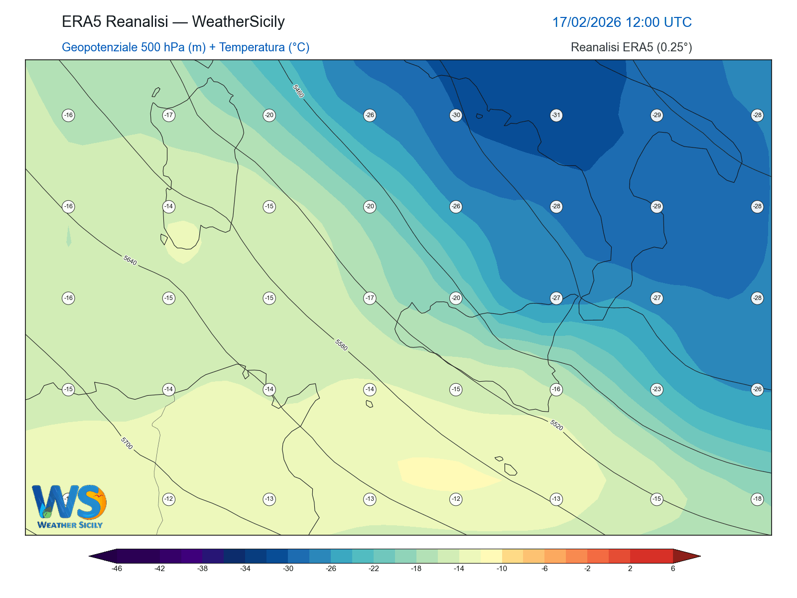 Geopotenziale 500 hPa + Temperatura · 2026021712