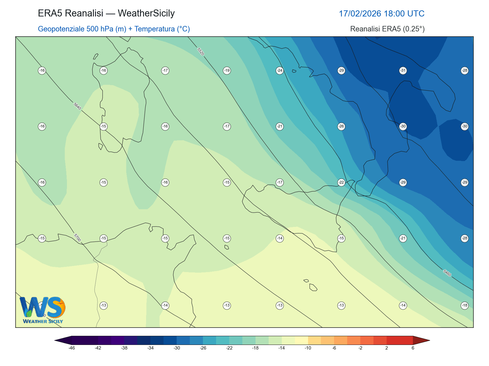 Geopotenziale 500 hPa + Temperatura · 2026021718