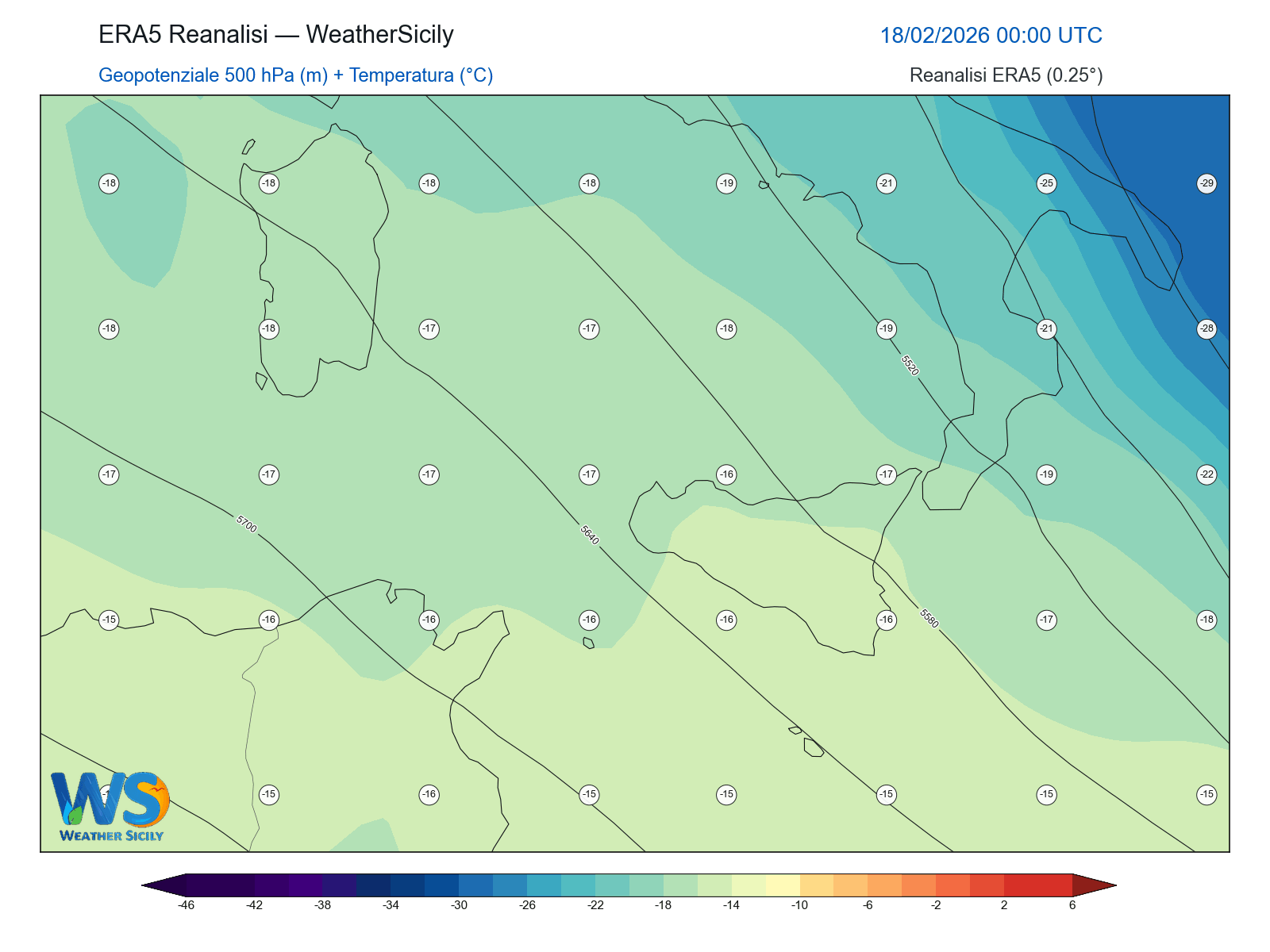 Geopotenziale 500 hPa + Temperatura · 2026021800