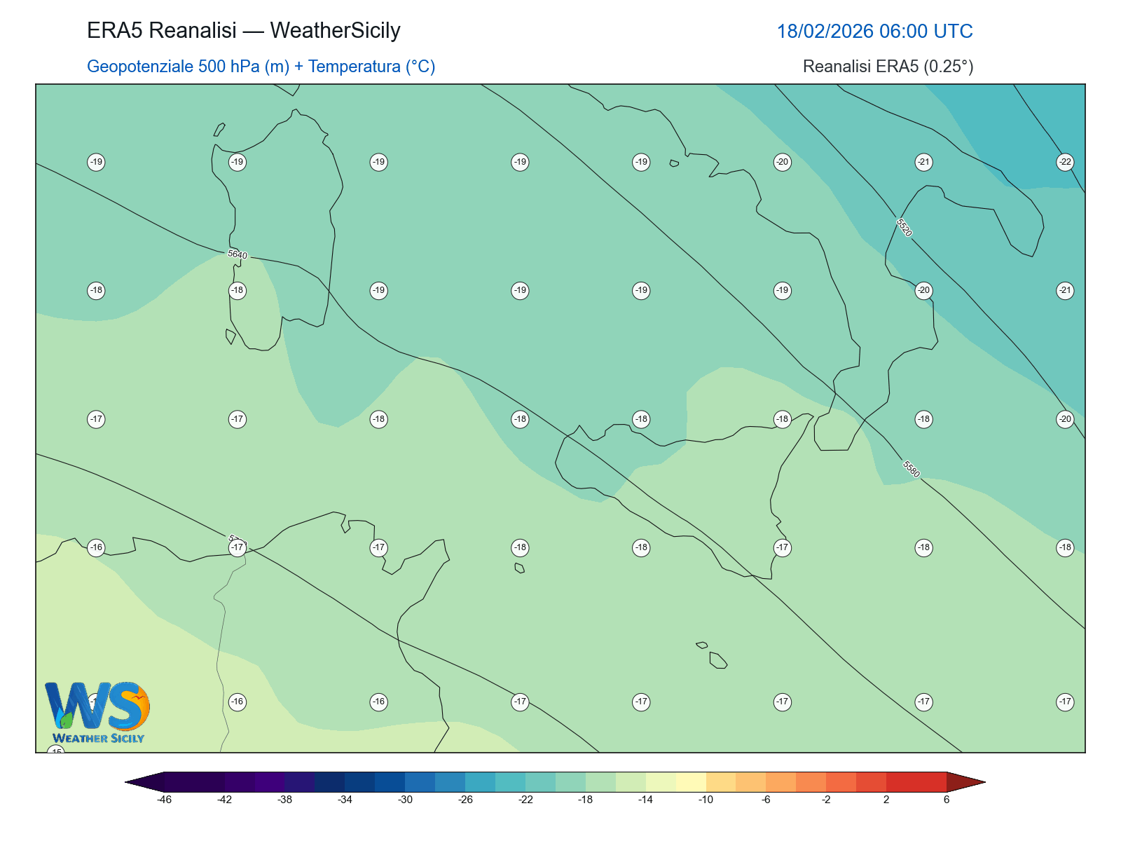 Geopotenziale 500 hPa + Temperatura · 2026021806