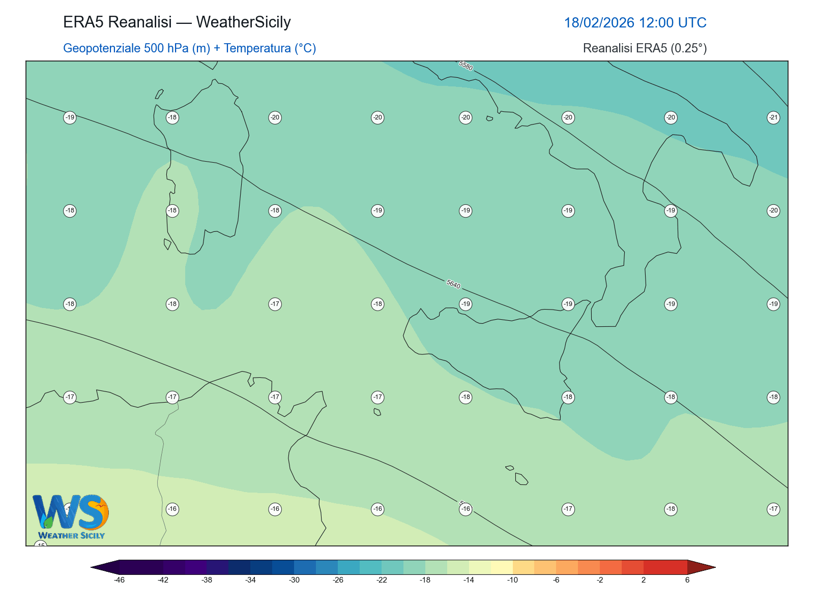 Geopotenziale 500 hPa + Temperatura · 2026021812
