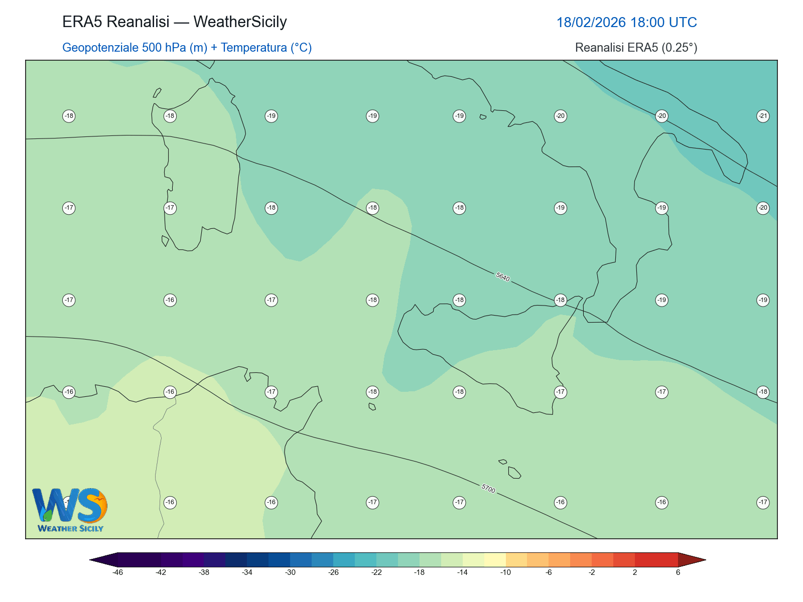 Geopotenziale 500 hPa + Temperatura · 2026021818